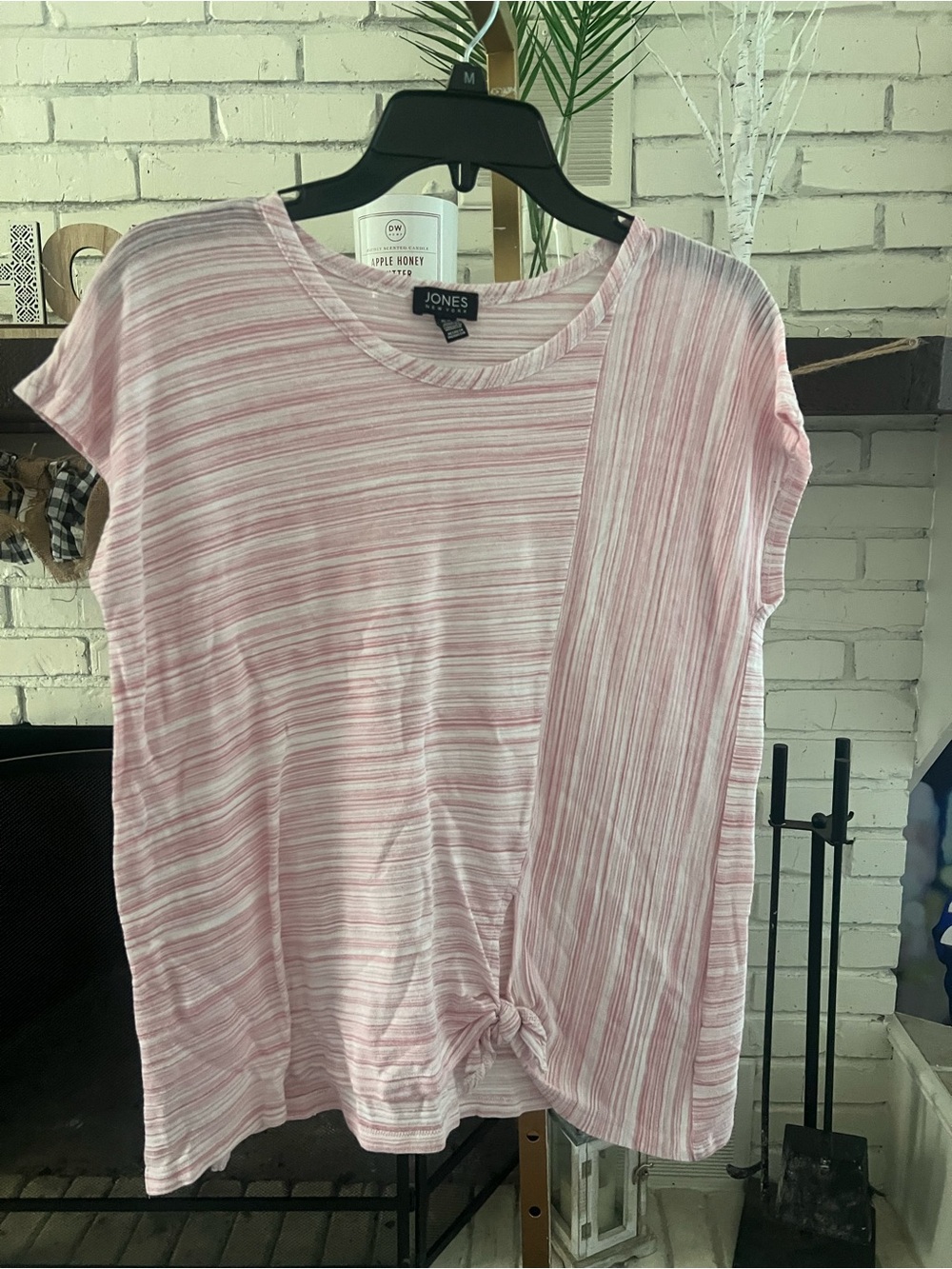 Jones New York Light Pink Striped Short Sleeve Knot Tee